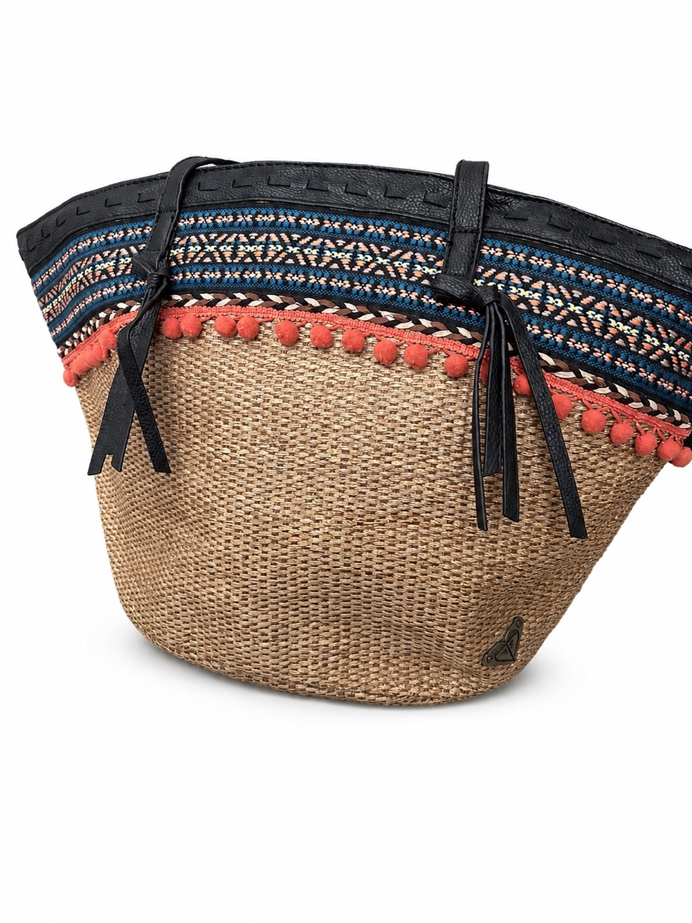 Roxy Woven Straw Tote with Navy Trim & Coral Pom-Pom Accent